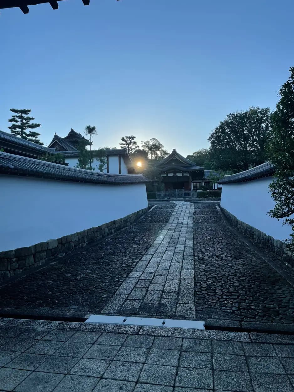 A walled stone path leading to a temple hall at first light in Kyoto
