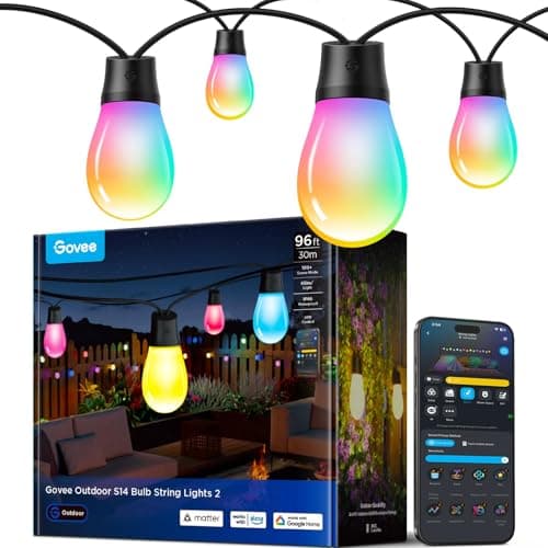 Govee S14 Bulb Outdoor String Lights 2, 96ft Smart RGBIC Warm White Lights with 30 LED Bulbs(2 Ropes of 48ft), 111 Scene Modes for Patio Decor, IP66 Compatible with Alexa, Google, Matter, APP Control