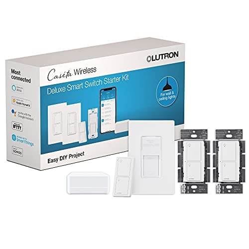 Lutron Caseta Deluxe Smart Switch Kit (P-BDG-PKG2WS-WH) — On/Off Switches for Non-Dimmable Loads, with Smart Hub