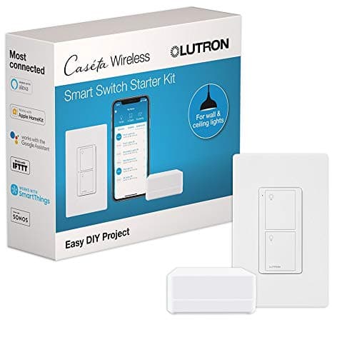 Lutron Caseta Original Smart Light Switch Kit w/ Wall Plate and Smart Hub, Compatible w/ Alexa, Apple Home, Google Home, Single-Pole/3 Way, 5 Amp, P-BDG-PKG1WS — Recommended per expert consensus
