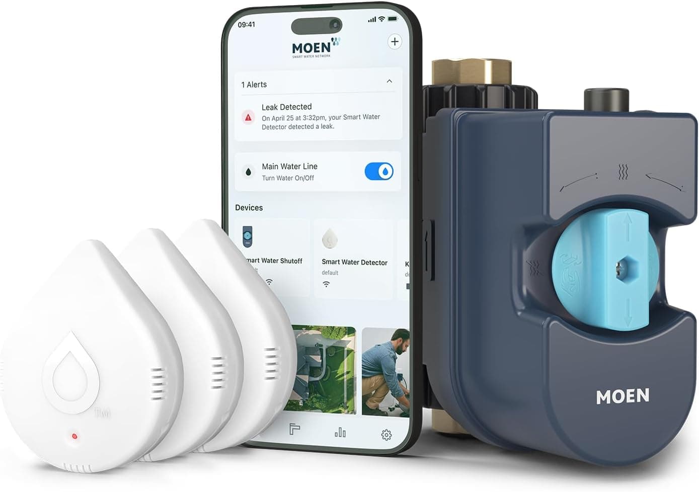 Moen Flo 3/4-Inch Smart Water Shutoff with 3 Smart Water Detectors — Recommended per expert consensus