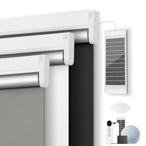 Motorized Blackout Smart Roller Blinds with Remote Control & Solar Panel - Compatible with Alexa - White, 34" W × 72" H