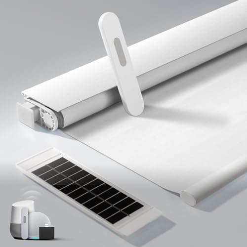 No Drill Motorized Blinds with Remote, Blackout Automatic Blinds with Solar Panel, Cordless Smart Electric Roller Shades for Windows, White, 34 x 72