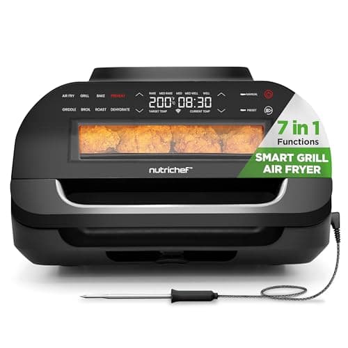 NutriChef Indoor Smokeless Smart Grill & Air Fryer with Smart Thermometer