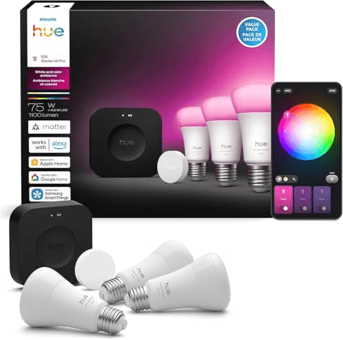 Philips Hue Starter Kit Bridge Pro Plus 3 A19 E26 Bulbs and Button — Recommended per expert consensus