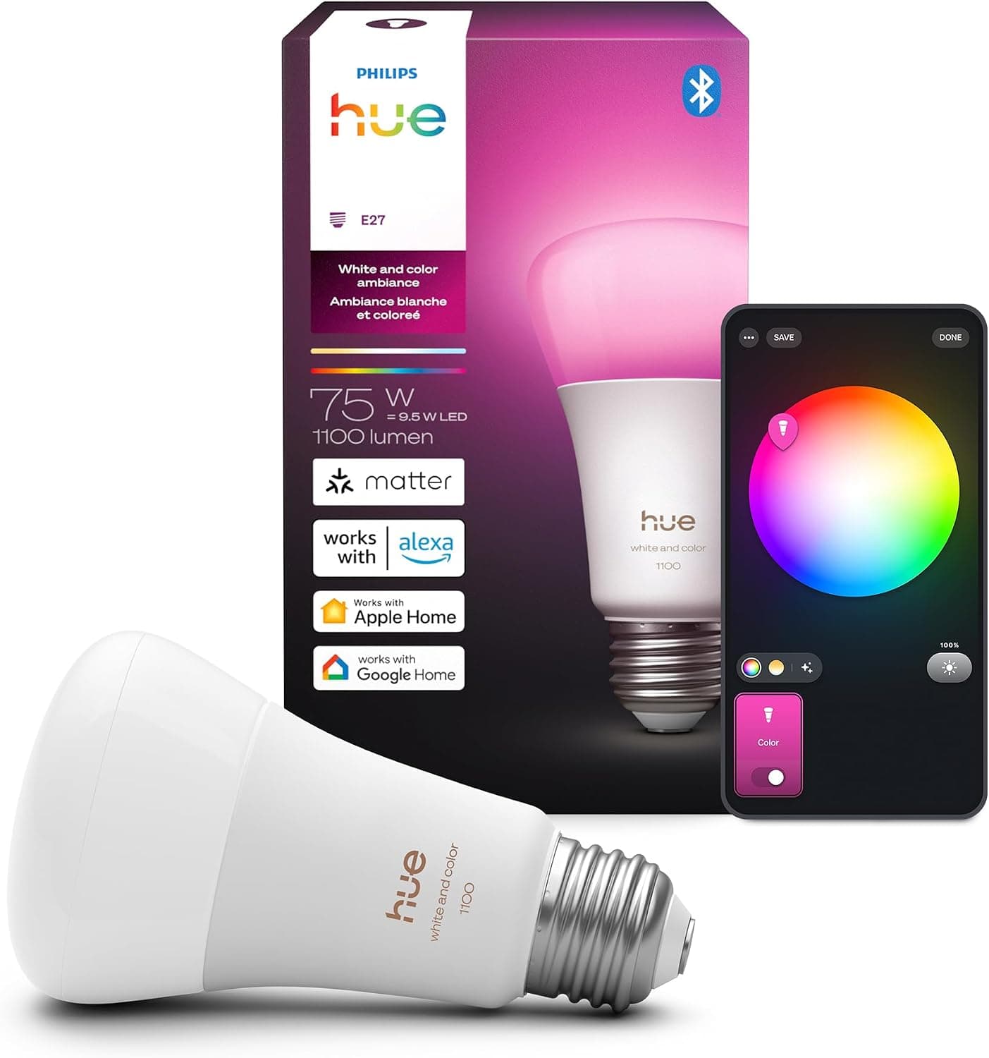 Philips Hue White and Color Ambiance A19 E26 Smart Bulb (Bluetooth) — Recommended per expert consensus