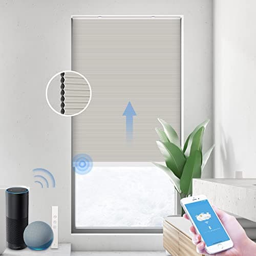 THIRDREALITY ZigBee Smart Blind, Motorized Blackout Window Shades with Remote, Cordless Honeycomb Blinds, Automatic Height Setting, AA Batteries Powered, 31" W x 72" H Beige/White