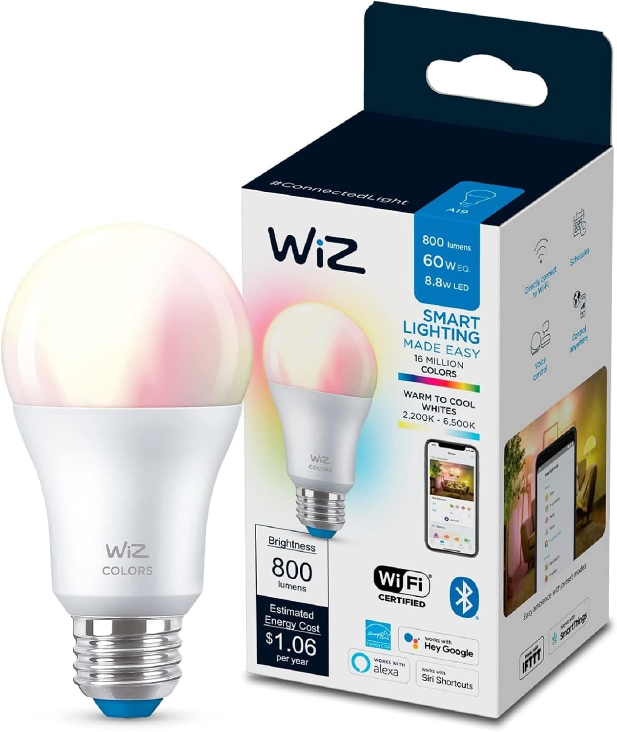WiZ Bulb 60W A19 E26 Color and Tunable White — Recommended per expert consensus