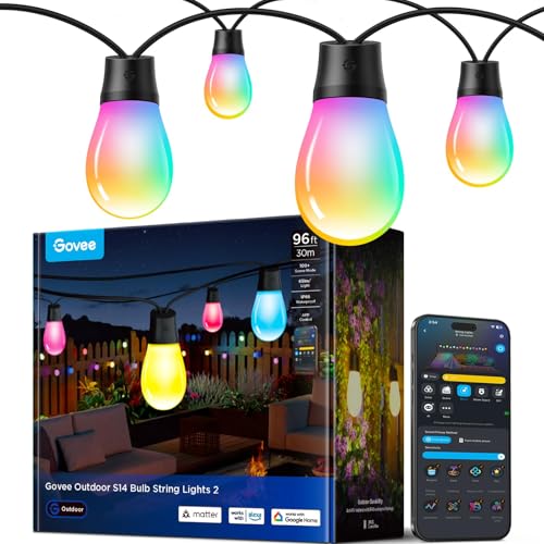 Govee S14 Bulb Outdoor String Lights 2, 96ft Smart RGBIC Warm White Lights with 30 LED Bulbs(2 Ropes of 48ft), 111 Scene Modes for Patio Decor, IP66 Compatible with Alexa, Google, Matter, APP Control