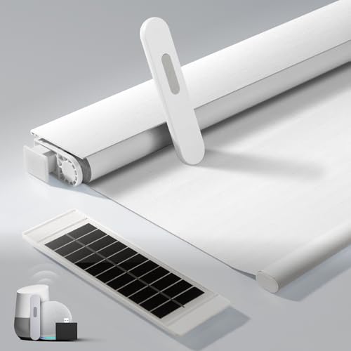 No Drill Motorized Blinds with Remote, Blackout Automatic Blinds with Solar Panel, Cordless Smart Electric Roller Shades for Windows, White, 34 x 72