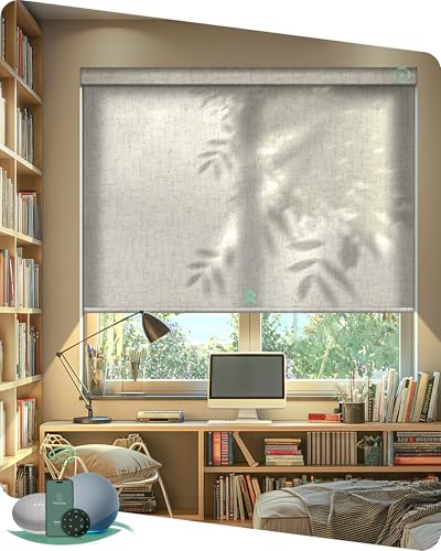 Yoolax Motorized Blinds with Remote, Light Filtering Smart Blinds Work with Alexa, Google, Automatic Roller Shades for Windows, Custom Electric Shades for Living Room Office (Linen Beige)